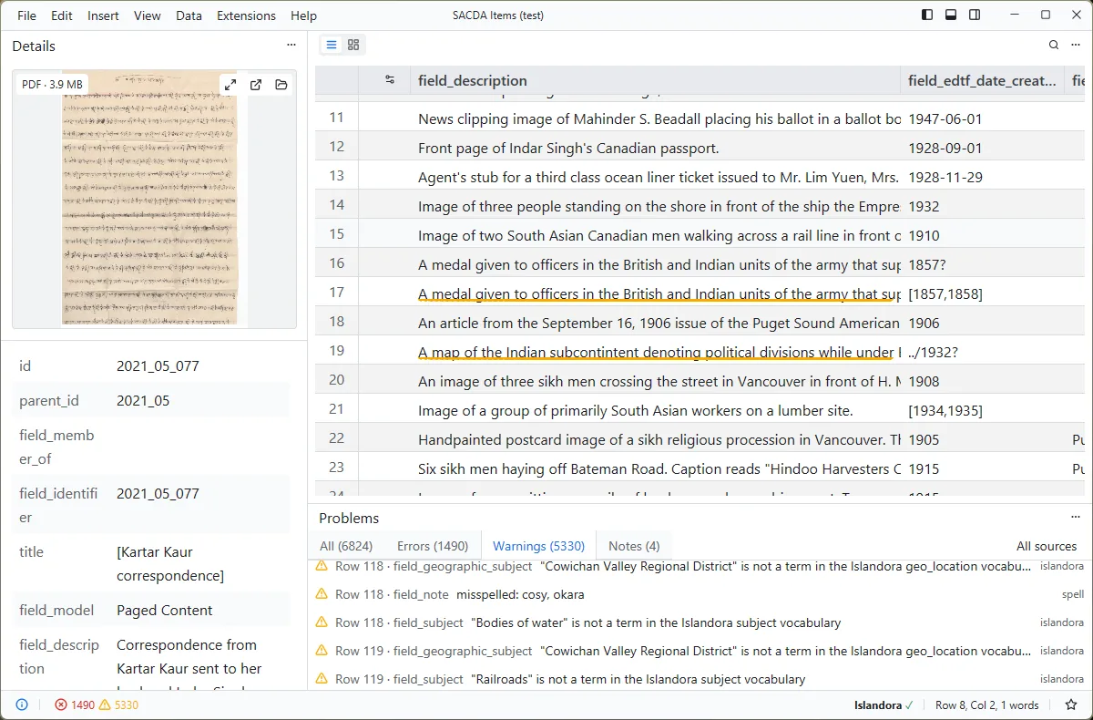 qrate collection metadata editor: record details, spreadsheet grid and validation problems panel
